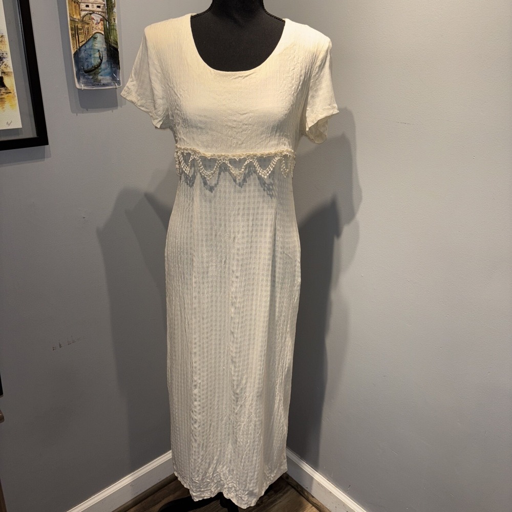 Vintage All That Jazz Ivory Gingham Dress Empire‎ Tie Waist Embroidery Size S